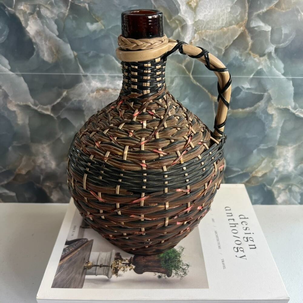 Vintage V Levante Bottle Spanish Woven Wicker Covered Brown Glass - Picture 2 of 13